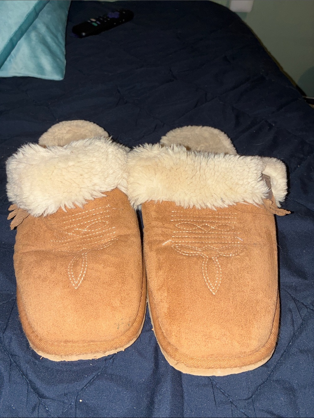 Cozy Tan Faux-Suede Fur-Lined Slippers
